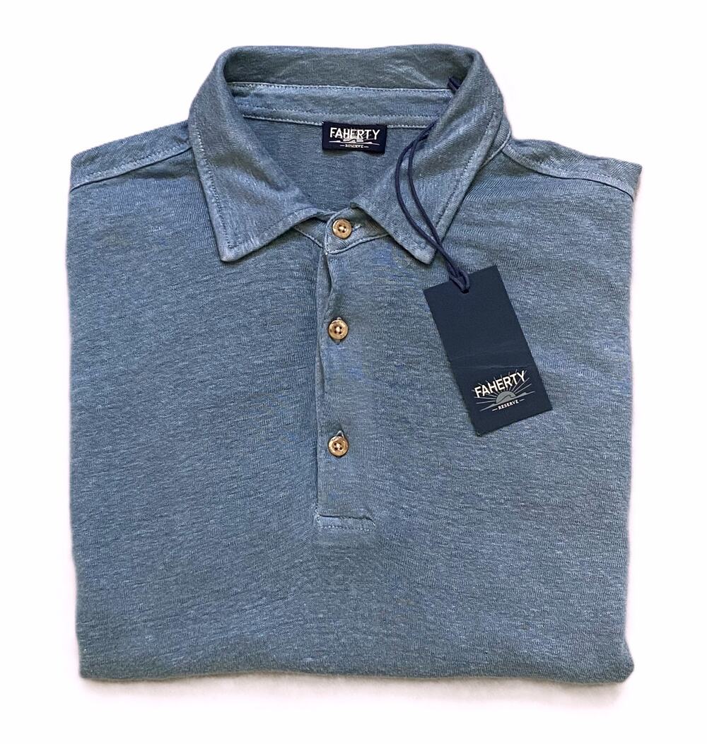 Faherty Polo Shirt Men's XL Reserve Short Sleeve Linen Deep Marine Blue NWT